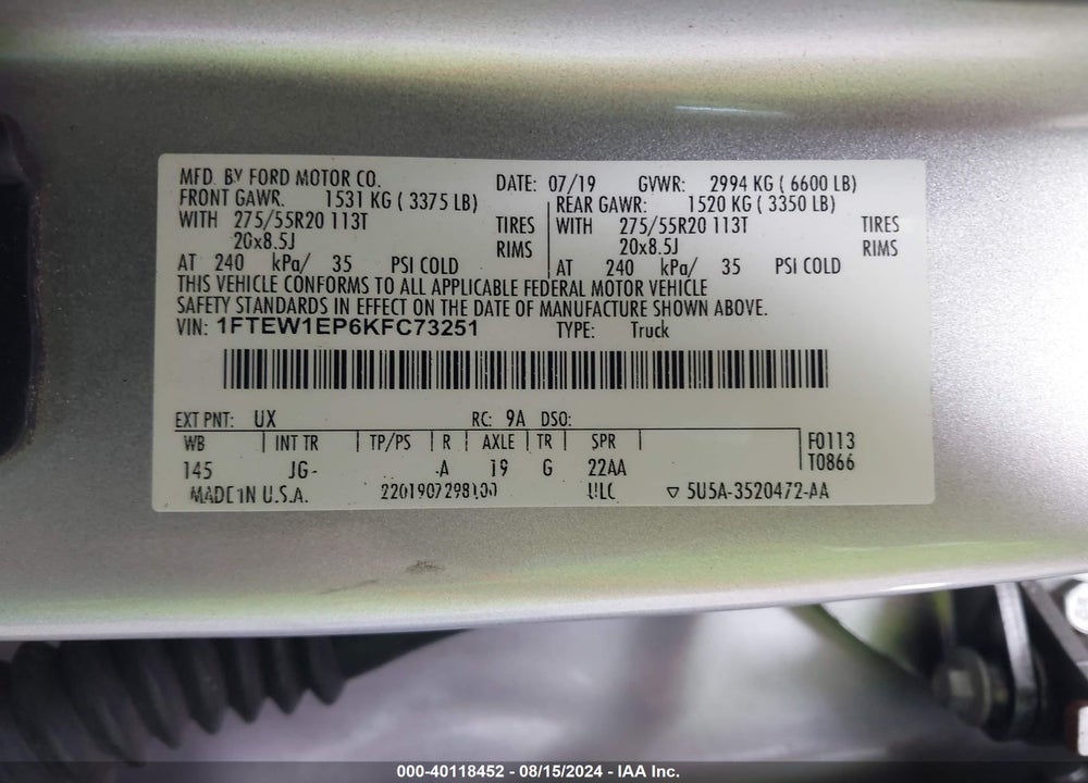 2019 FORD F-150 VIN: 1FTEW1EP6KFC73251
