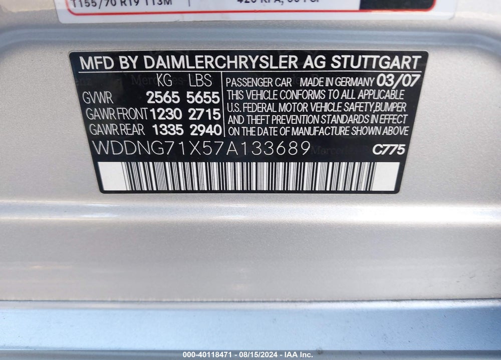 2007 MERCEDES-BENZ S 550 VIN: WDDNG71X57A133689