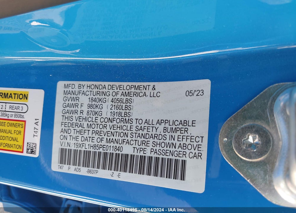 2023 HONDA CIVIC SPORT TOURING VIN: 19XFL1H85PE011840