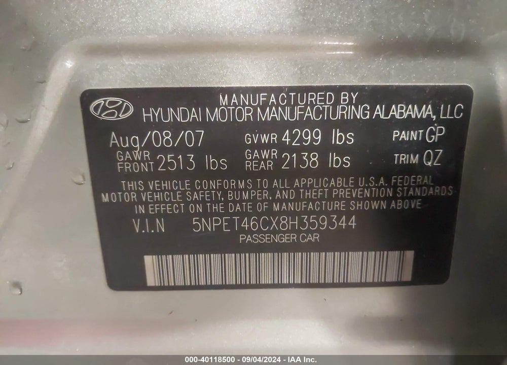 2008 HYUNDAI SONATA GLS VIN: 5NPET46CX8H359344