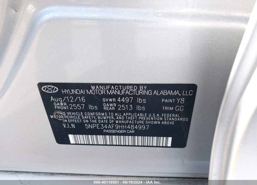 2017 HYUNDAI SONATA SPORT VIN: 5NPE34AF9HH484997