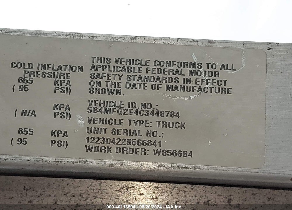 2012 WORKHORSE CUSTOM CHASSIS COMMERCIAL CHASSIS W62 VIN: 5B4MFG2E4C3448784