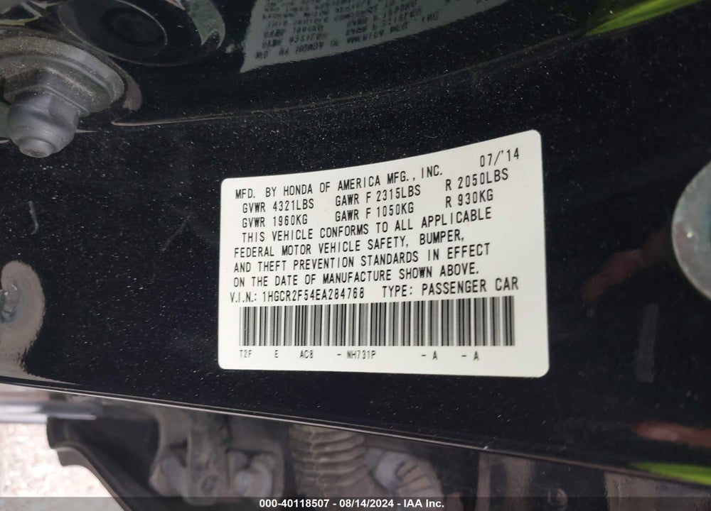 2014 HONDA ACCORD SPORT VIN: 1HGCR2F54EA284768