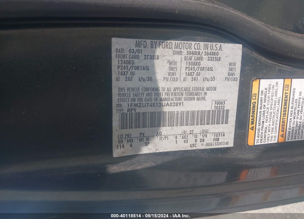 2002 FORD EXPLORER VIN: 1FMZU74E12UA02891