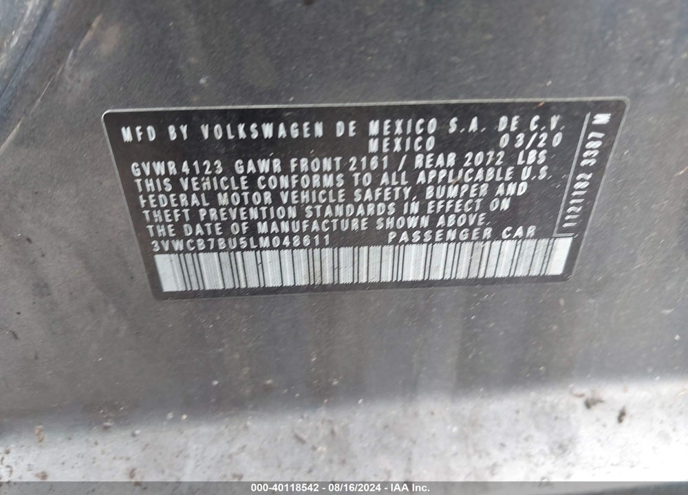 2020 VOLKSWAGEN JETTA 1.4T R-LINE/1.4T S/1.4T SE VIN: 3VWCB7BU5LM048611