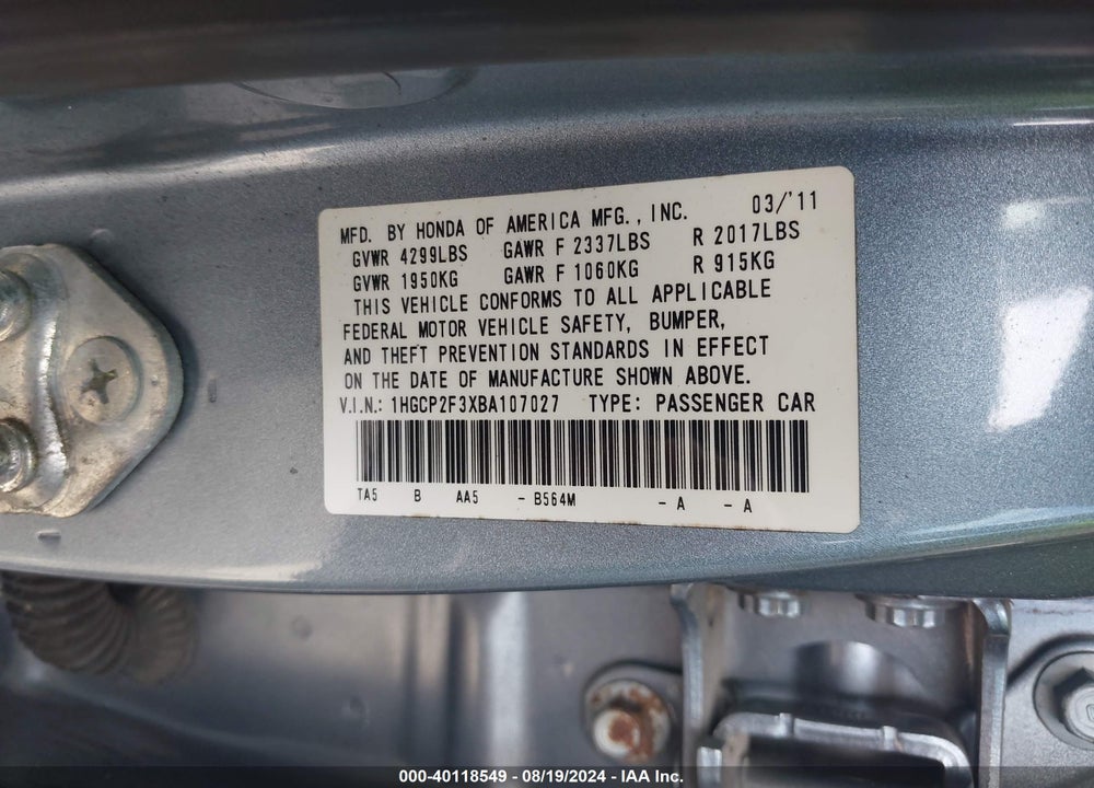 2011 HONDA ACCORD 2.4 LX VIN: 1HGCP2F3XBA107027