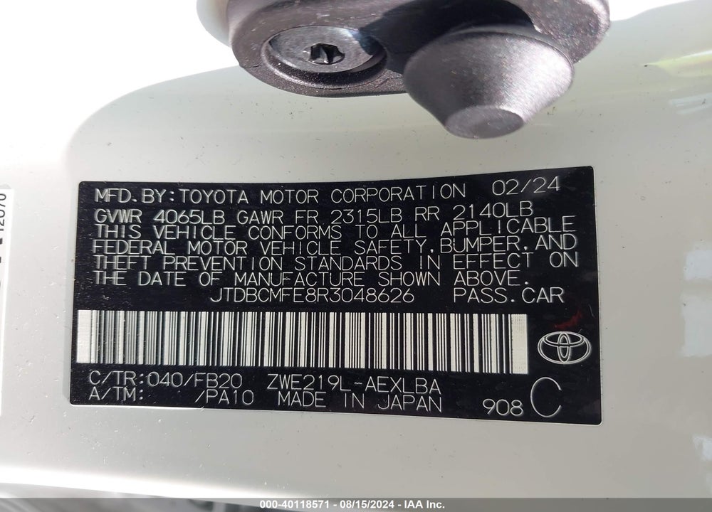 2024 TOYOTA COROLLA HYBRID LE VIN: JTDBCMFE8R3048626