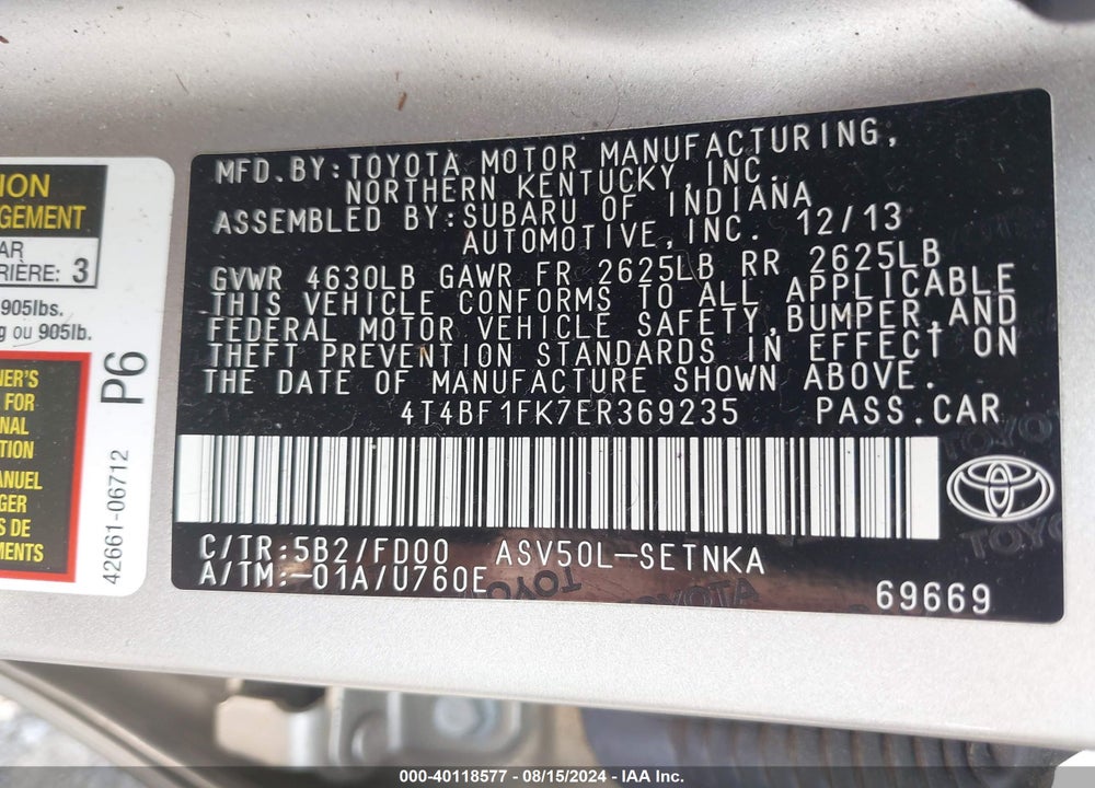 2014 TOYOTA CAMRY LE VIN: 4T4BF1FK7ER369235