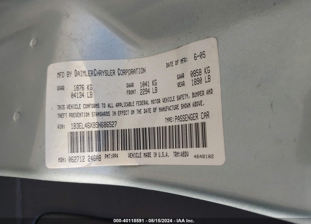 2005 DODGE STRATUS SXT VIN: 1B3EL46X95N686527