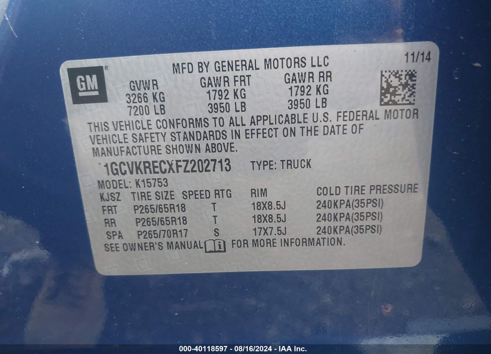 2015 CHEVROLET SILVERADO 1500 2LT VIN: 1GCVKRECXFZ202713