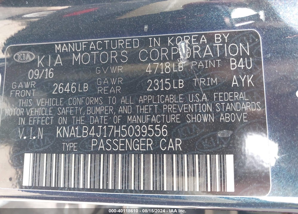 2017 KIA CADENZA PREMIUM VIN: KNALB4J17H5039556