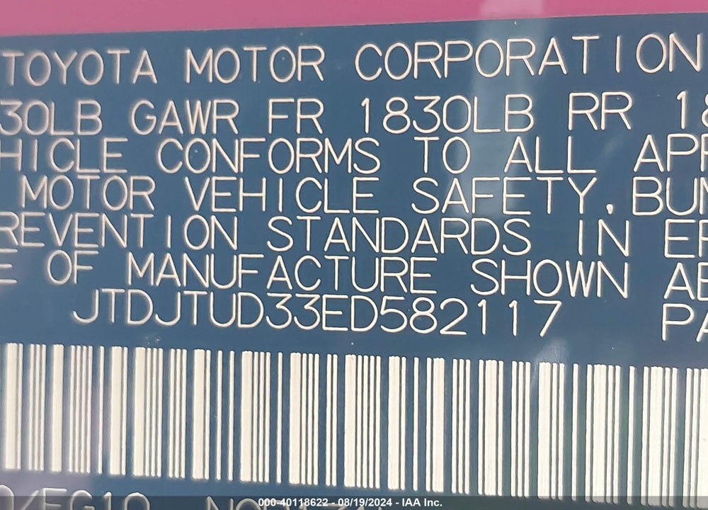 2014 TOYOTA YARIS LE (TMC/CBU PLANT) VIN: JTDJTUD33ED582117