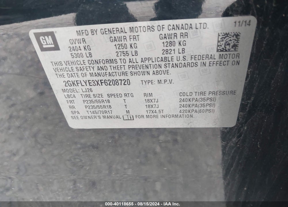 2015 GMC TERRAIN SLT-2 VIN: 2GKFLYE3XF6208720