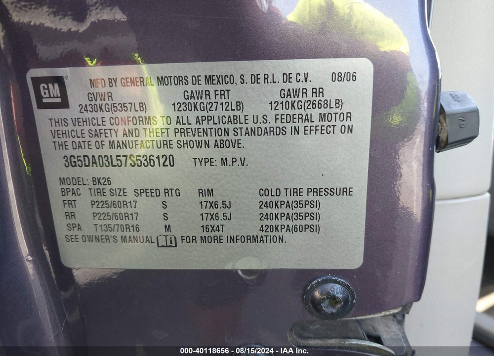 2007 BUICK RENDEZVOUS CXL VIN: 3G5DA03L57S536120