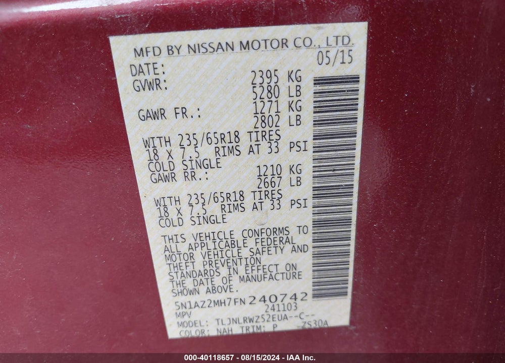 2015 NISSAN MURANO SL VIN: 5N1AZ2MH7FN240742