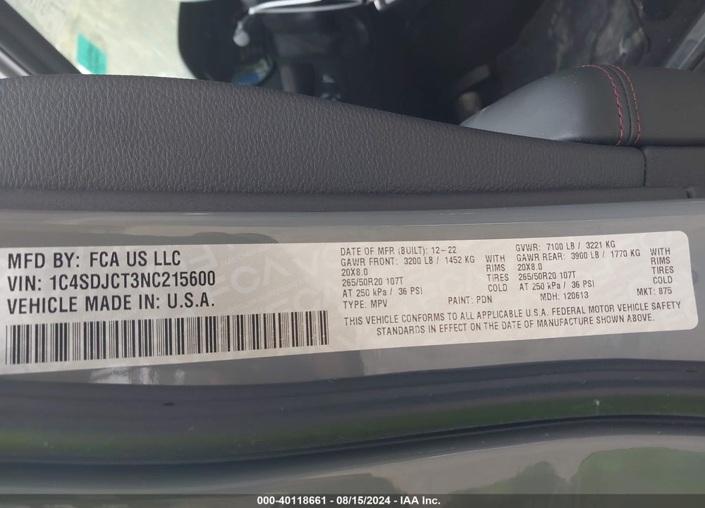 2022 DODGE DURANGO R/T AWD VIN: 1C4SDJCT3NC215600