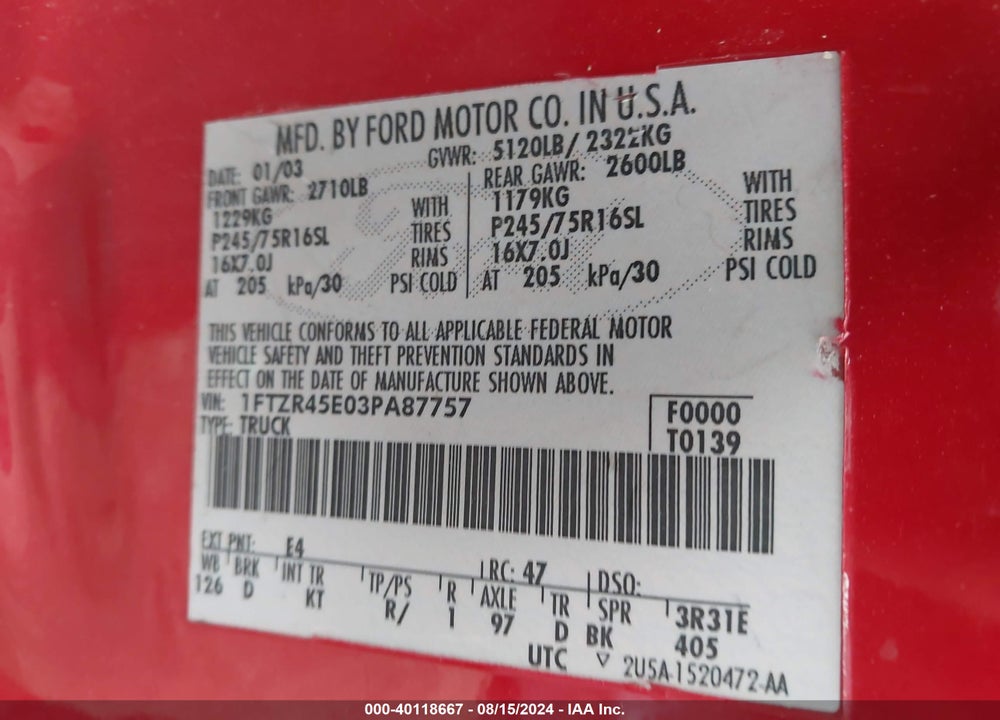 2003 FORD RANGER EDGE/XLT VIN: 1FTZR45E03PA87757