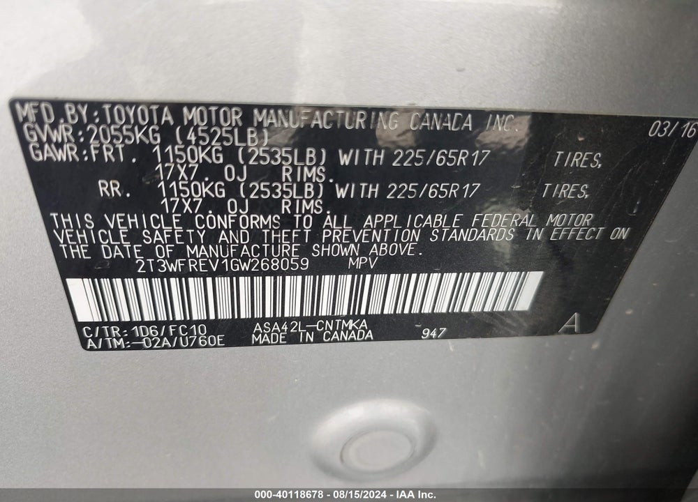 2016 TOYOTA RAV4 XLE VIN: 2T3WFREV1GW268059