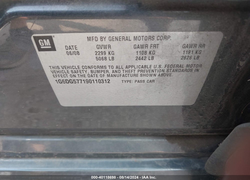 2009 CADILLAC CTS STANDARD VIN: 1G6DG577190110312