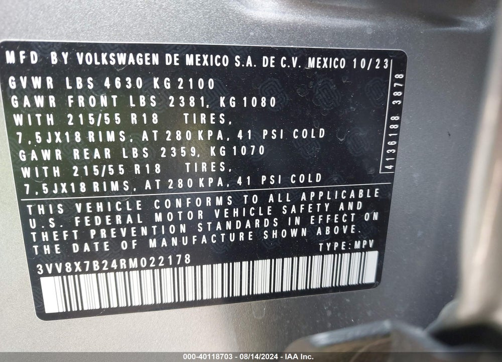2024 VOLKSWAGEN TAOS 1.5T S VIN: 3VV8X7B24RM022178