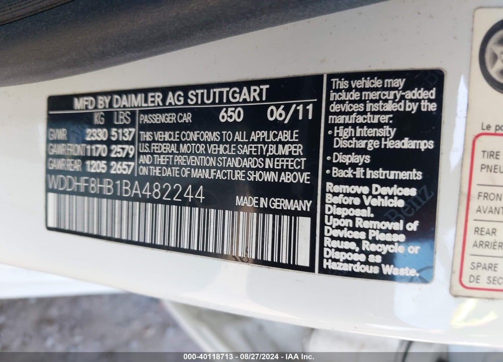 2011 MERCEDES-BENZ E 350 4MATIC VIN: WDDHF8HB1BA482244