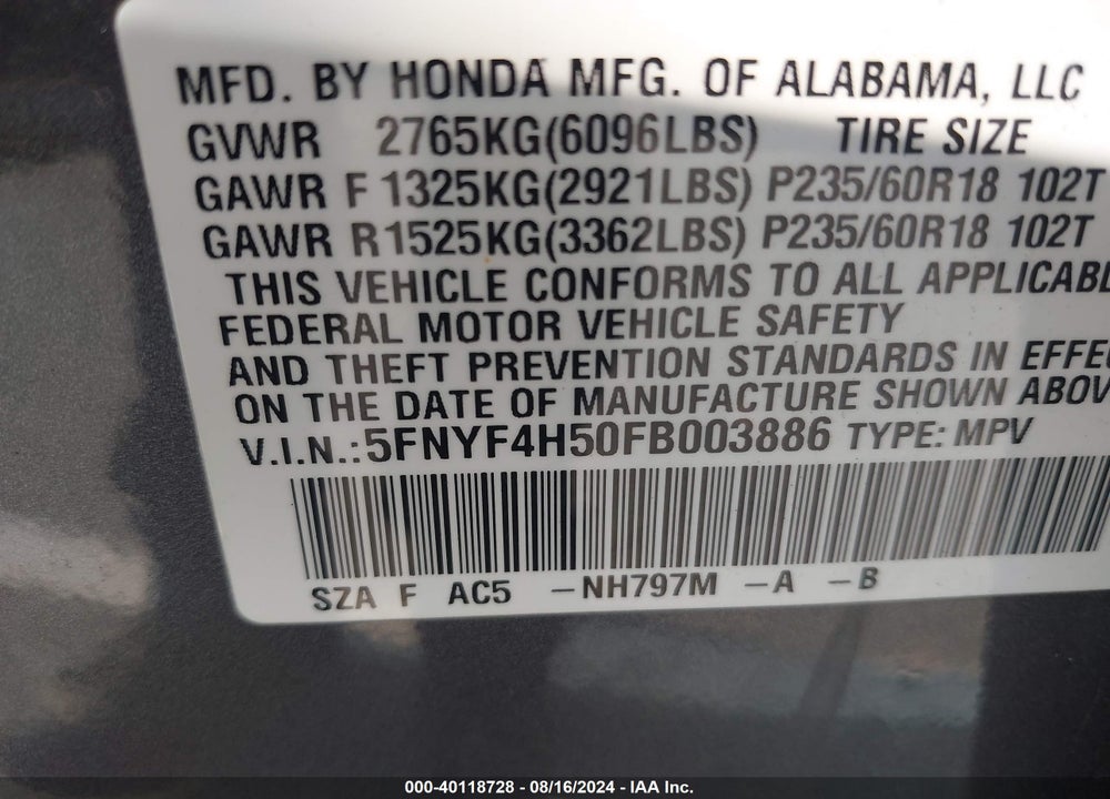 2015 HONDA PILOT EX-L VIN: 5FNYF4H50FB003886