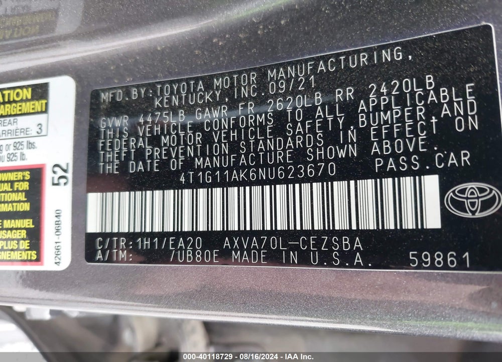 2022 TOYOTA CAMRY SE VIN: 4T1G11AK6NU623670