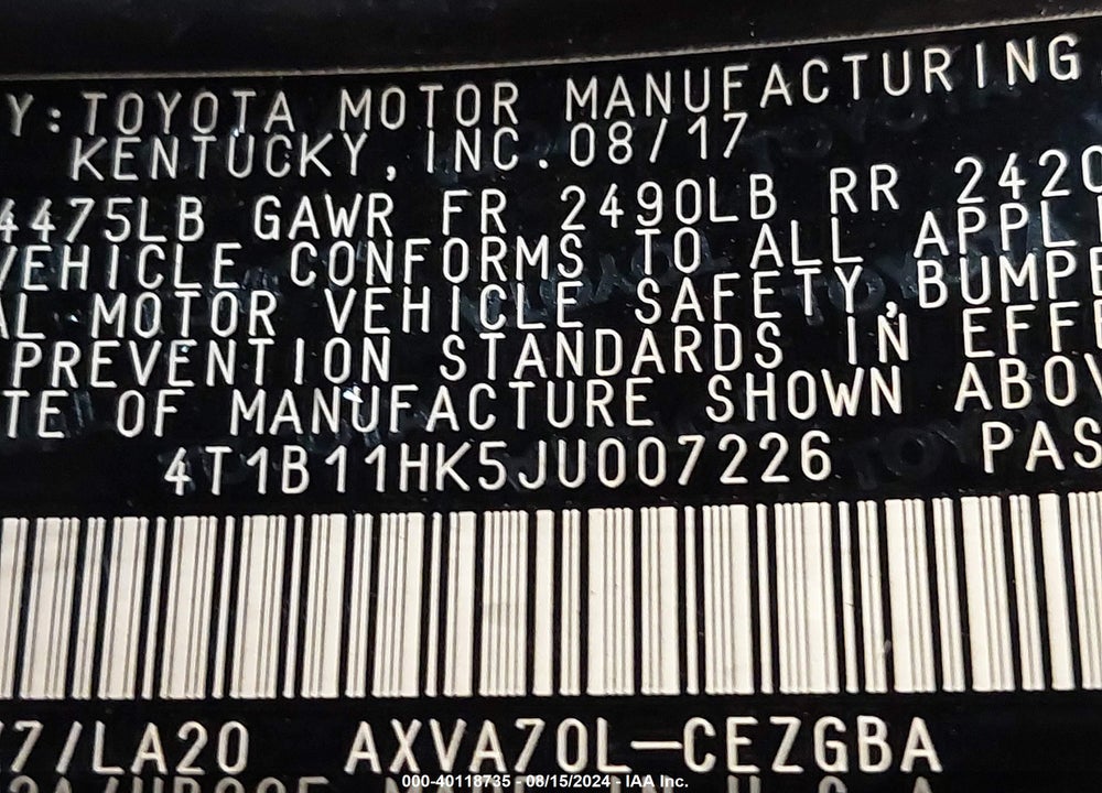 2018 TOYOTA CAMRY XLE VIN: 4T1B11HK5JU007226