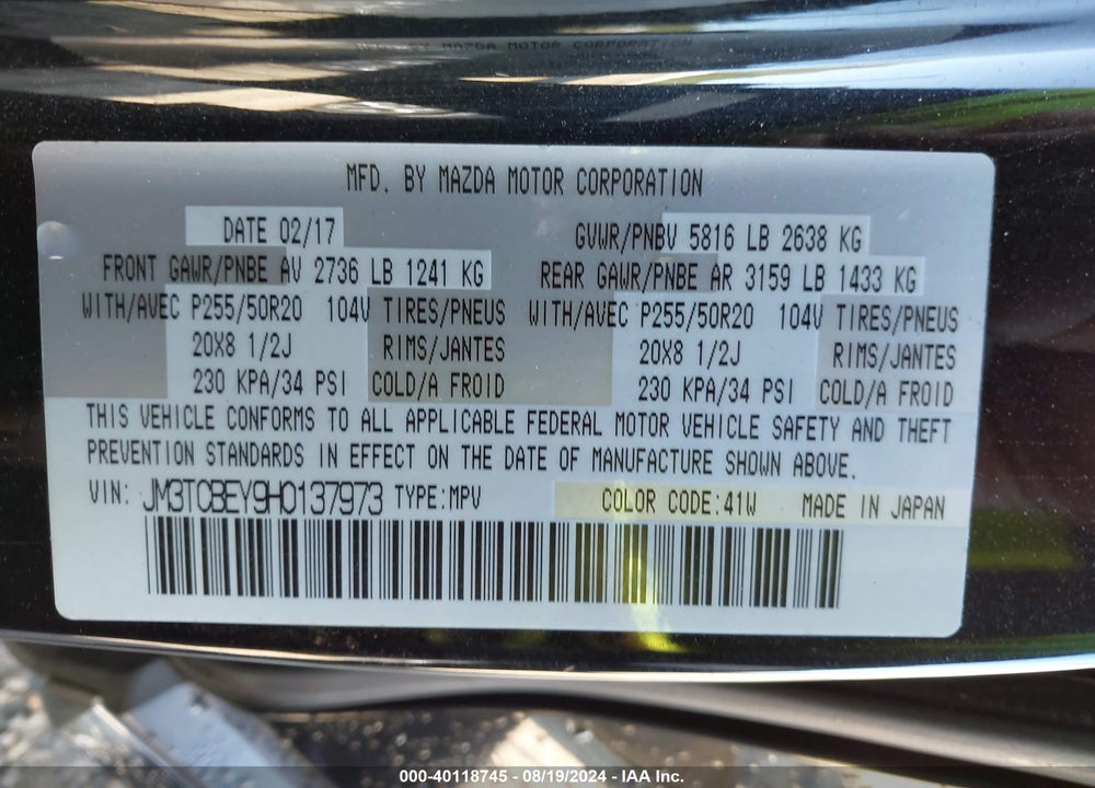 2017 MAZDA CX-9 SIGNATURE VIN: JM3TCBEY9H0137973