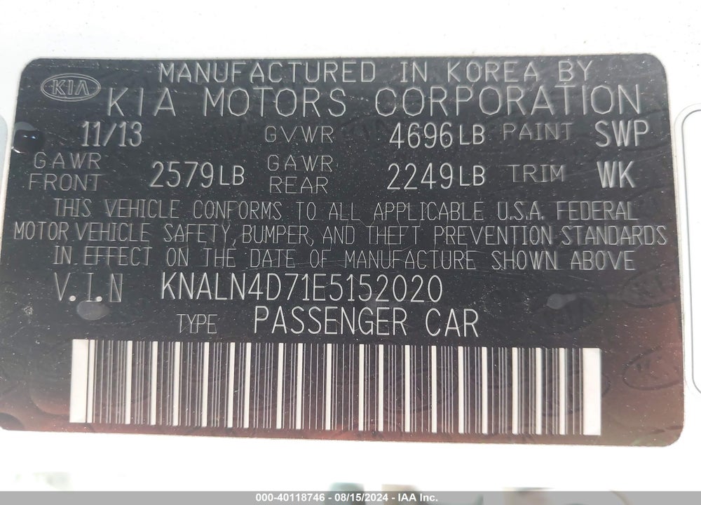 2014 KIA CADENZA LIMITED VIN: KNALN4D71E5152020