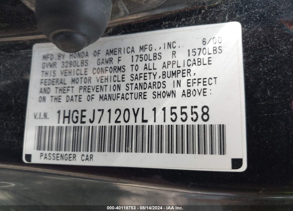 2000 HONDA CIVIC HX VIN: 1HGEJ7120YL115558