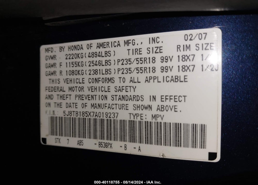 2007 ACURA RDX VIN: 5J8TB185X7A019237