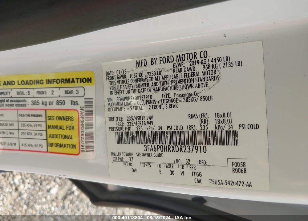 2013 FORD FUSION SE VIN: 3FA6P0HRXDR237910