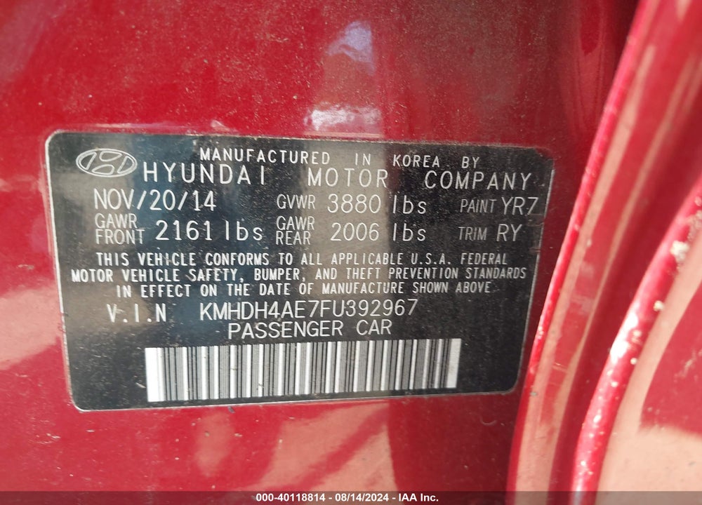 2015 HYUNDAI ELANTRA SE VIN: KMHDH4AE7FU392967