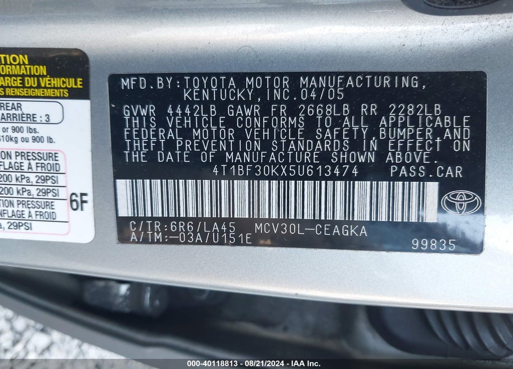 2005 TOYOTA CAMRY LE/XLE/SE VIN: 4T1BF30KX5U613474