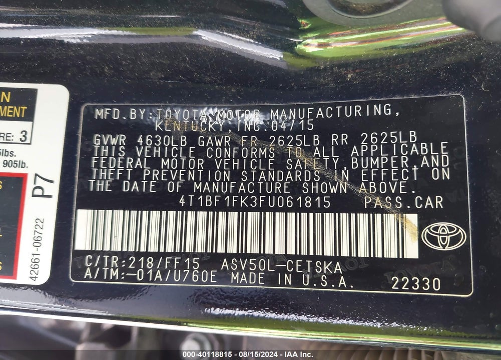 2015 TOYOTA CAMRY SE VIN: 4T1BF1FK3FU061815