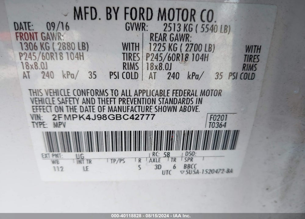 2016 FORD EDGE SEL VIN: 2FMPK4J98GBC42777