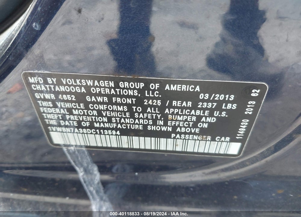 2013 VOLKSWAGEN PASSAT 2.0L TDI SE VIN: 1VWBN7A38DC113594