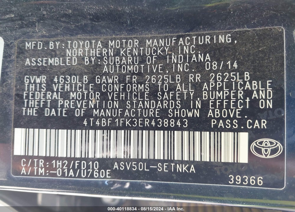 2014 TOYOTA CAMRY VIN: 4T4BF1FK3ER438843