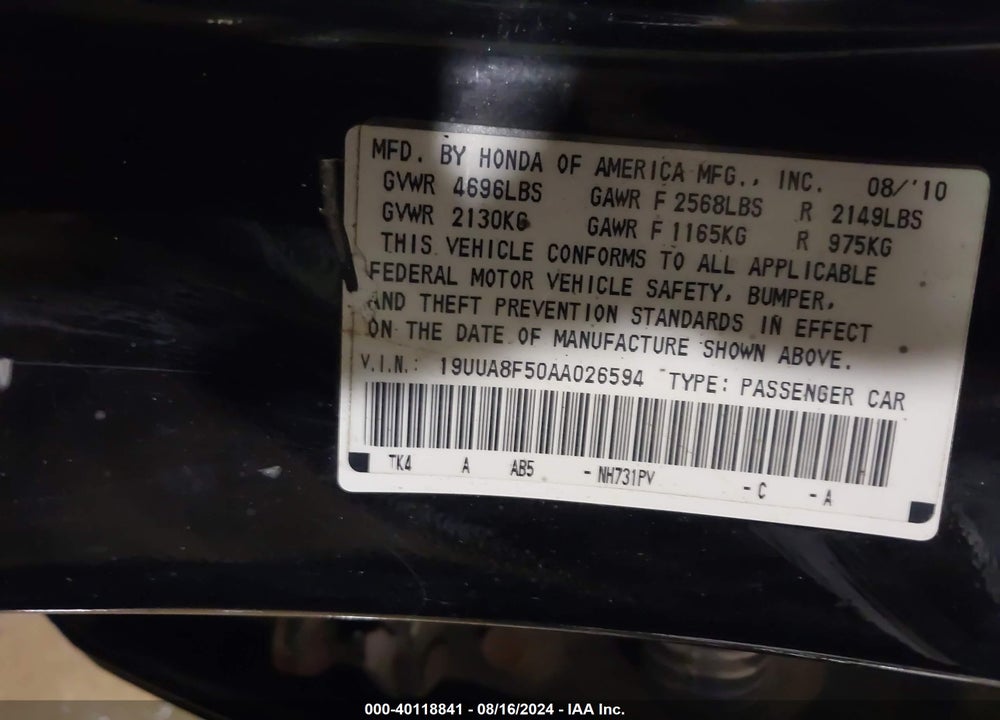 2010 ACURA TL 3.5 VIN: 19UUA8F50AA026594