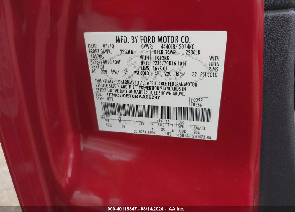 2011 FORD ESCAPE LIMITED VIN: 1FMCU0E78BKA06297