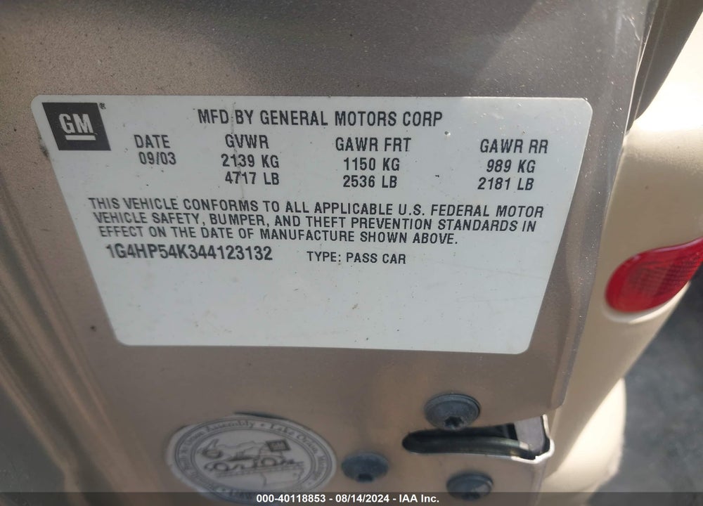 2004 BUICK LESABRE CUSTOM VIN: 1G4HP54K344123132