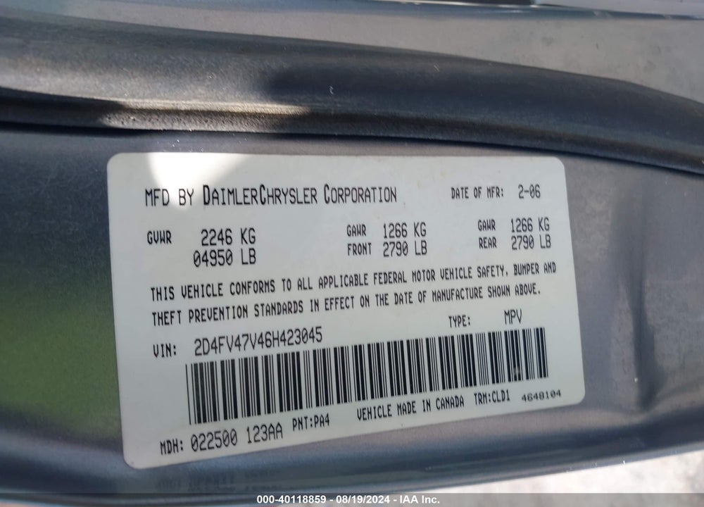 2006 DODGE MAGNUM VIN: 2D4FV47V46H423045