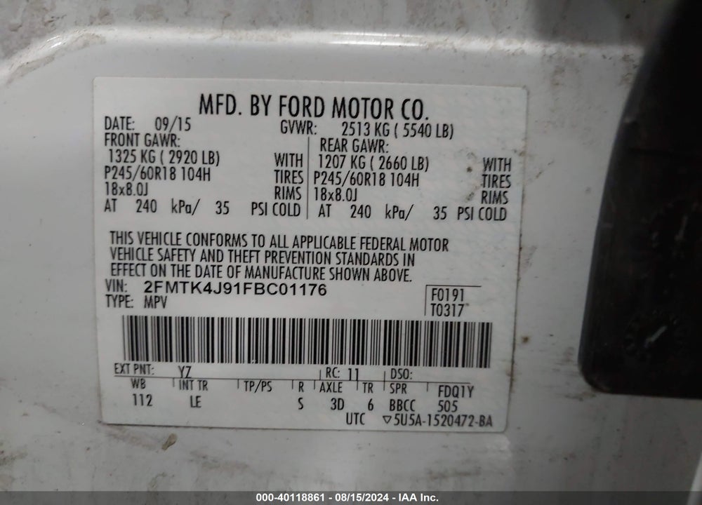 2015 FORD EDGE SEL VIN: 2FMTK4J91FBC01176