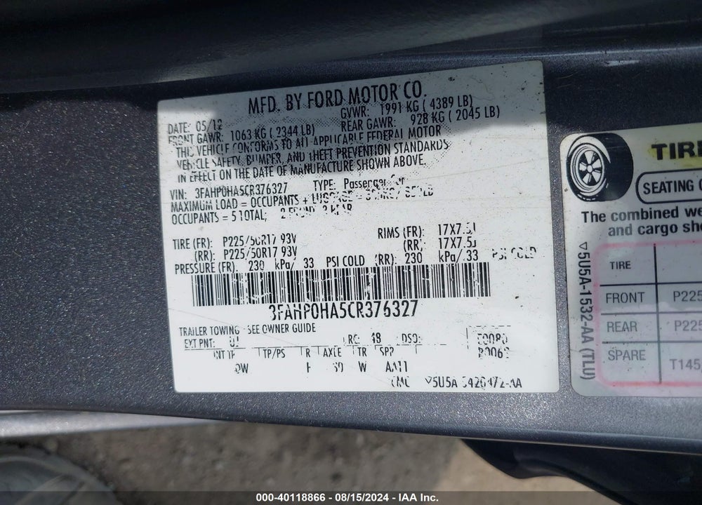 2012 FORD FUSION VIN: 3FAHP0HA5CR376327