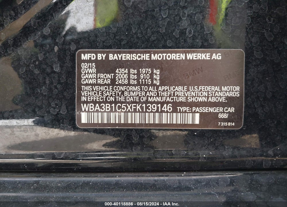 2015 BMW 320I VIN: WBA3B1C5XFK139146