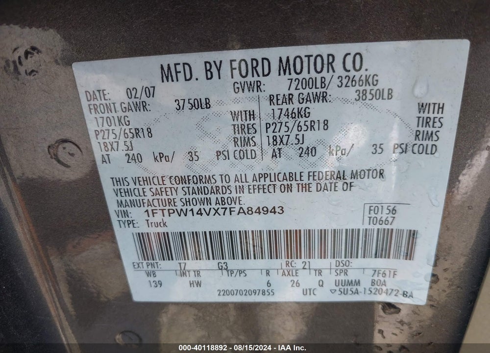 2007 FORD F-150 VIN: 1FTPW14VX7FA84943