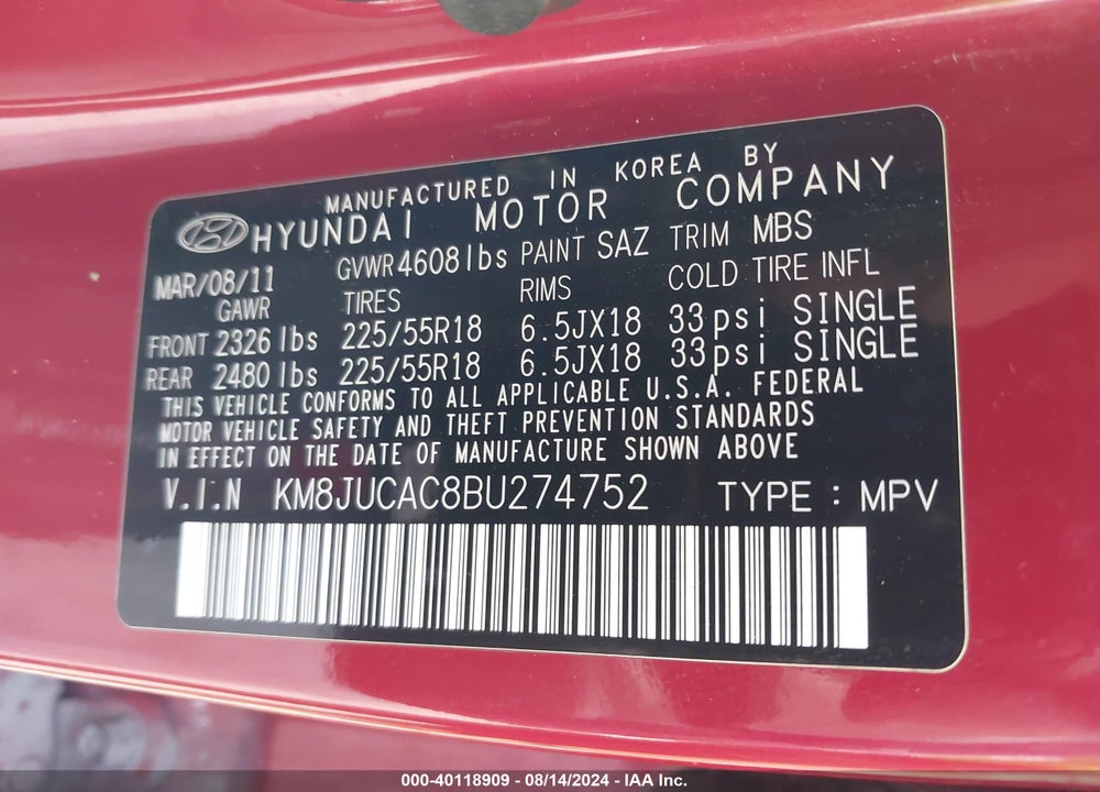 2011 HYUNDAI TUCSON LIMITED VIN: KM8JUCAC8BU274752