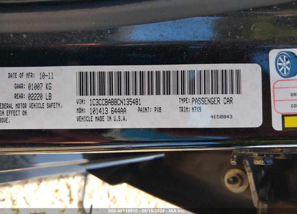 2012 CHRYSLER 200 VIN: 1C3CCBAB8CN135481