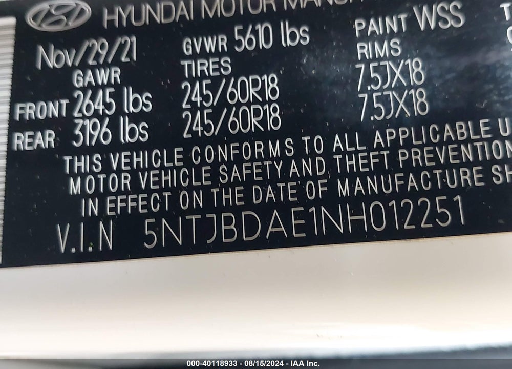 2022 HYUNDAI SANTA CRUZ SEL VIN: 5NTJBDAE1NH012251